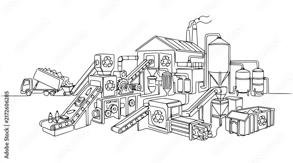 Naklejka premium Recycling factory illustration with truck and conveyor belts, isolated