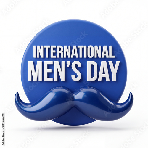 A 3D rendered blue badge featuring a glossy mustache and white text for International Men's Day, isolated on a white background.
