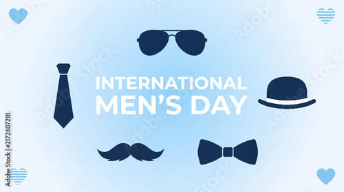 A light blue background graphic for International Men's Day featuring illustrations of a tie, mustache, bowtie, bowler hat, and sunglasses.