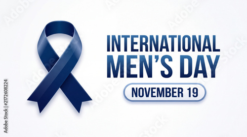 A graphic design for International Men's Day on November 19, featuring a deep blue awareness ribbon on a clean, professional white background.