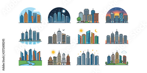 Set of twelve stylized modern city skyscraper building icons.