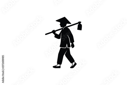 Silhouette illustration of a traditional Asian farmer walking with a hoe.