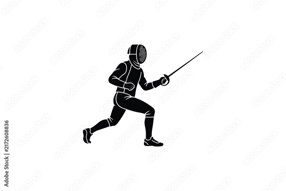 Fototapeta premium Silhouette of a professional fencer in a dynamic lunging attack position.