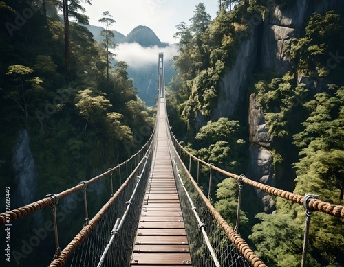 Hyper-realistic professional photo of Suspension bridge hanging high above temperate rainforest canyon
