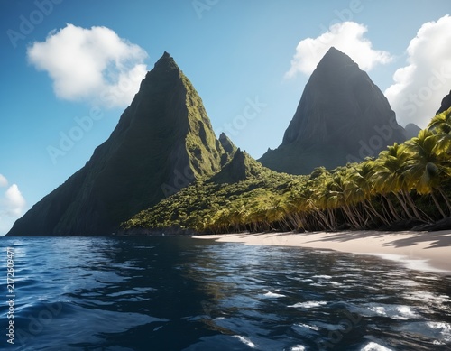 Hyper-realistic professional photo of Twin volcanic spires of Gros Piton and Petit Piton rising from Caribbean Sea
