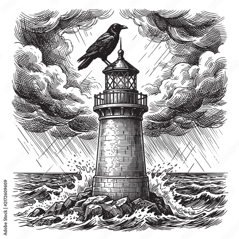 Naklejka premium raven lighthouse ocean storm engraving