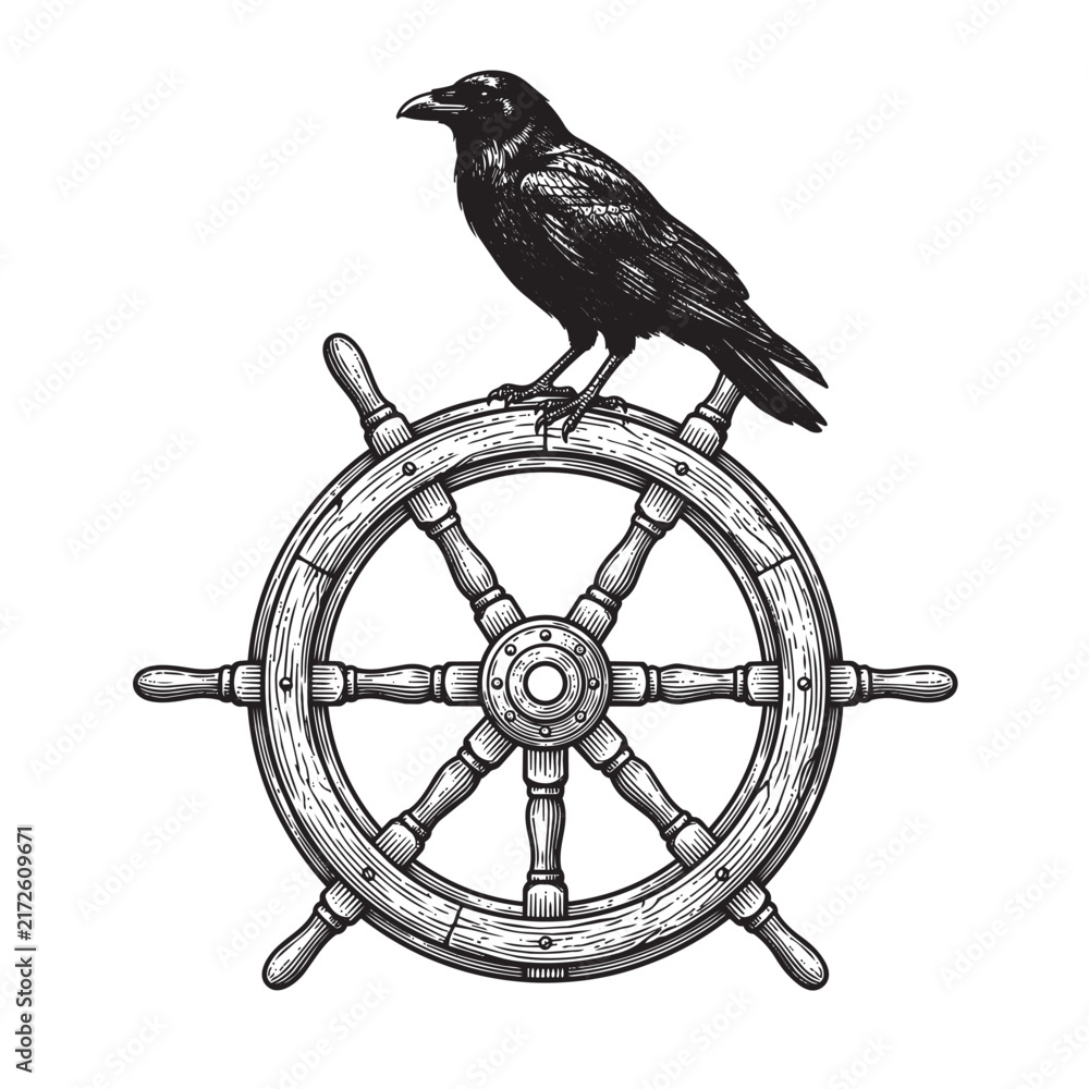 Naklejka premium crow ship helm wheel engraving