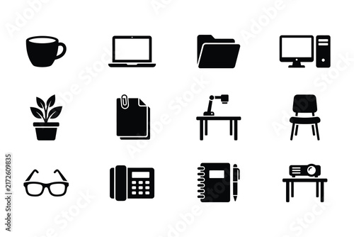 Set of office and business workspace icons.