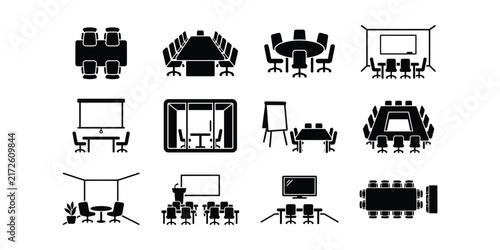 Set of office meeting room and conference room floor plan icons.