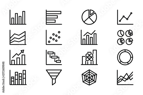 Set of outline data visualization and business chart icons.