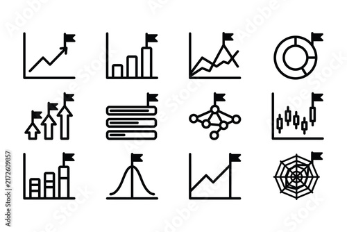 Set of outline icons representing business goals and growth data analytics.
