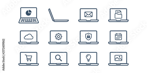 Set of outline laptop icons with various computer interface symbols.