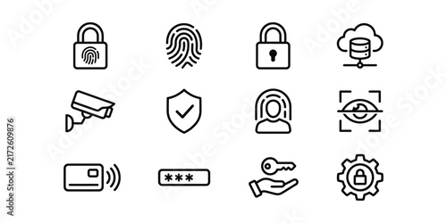 Set of outline security and technology icons for digital protection.