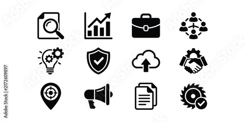 Set of professional business and office work related black icons.