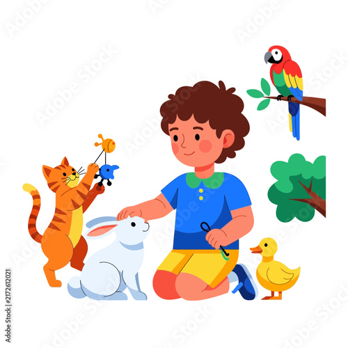 Child with pets, playing animals