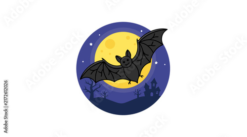 Bat Flying Under Full Moon with Spooky Forest Background
