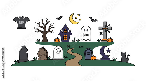 Halloween themed Cemetery Illustration with Spooky Elements and Graveyard Scene