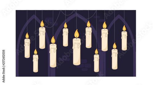 Hanging White Candles in Gothic Archway Interior Lighting Setup