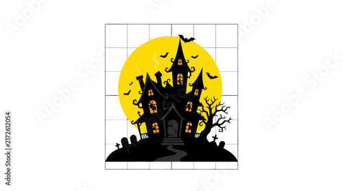 Haunted house under fullmoon with bats illustration
