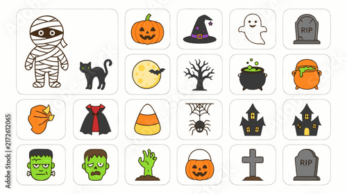 Halloween themed Icons Set with Spooky Illustrations