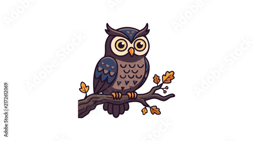 Cartoon Owl Perched on Autumn Branch with Leaves