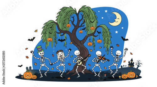 Skeletons Dancing Under Jack o lantern Tree at Halloween Night Party