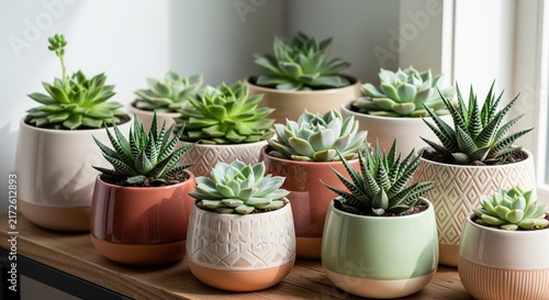 Colorful collection of potted succulents arranged on a bright windowsill