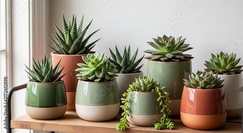 Colorful collection of potted succulents on a wooden windowsill with natural light