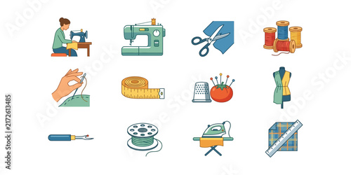 Set of sewing and tailoring icons for fashion design and craft projects.