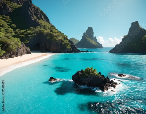Hyper-realistic professional photo of Volcanic coastline and crystal turquoise bays of Fernando de Noronha

