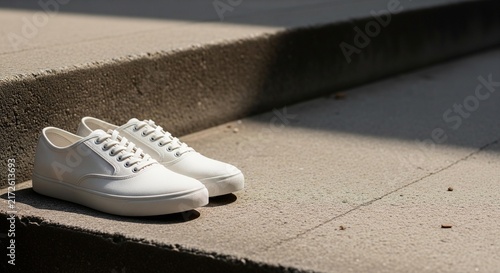 Minimalist white sneakers resting on concrete steps in bright daylight