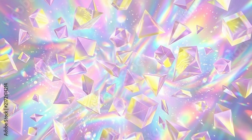 Abstract Background With Floating Iridescent Geometric Crystals And Soft Holographic Light Rays