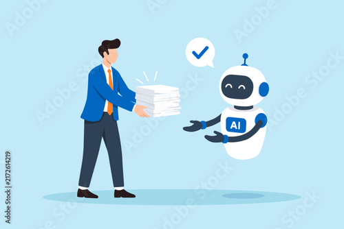 Flat illustration businessman handing stack documents AI assistant task delegation workflow automation coworker business productivity intelligent work management