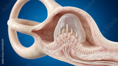 Anatomical 3D render of the human inner ear semicircular canals focusing on the ampulla and crista ampullaris for vestibular balance and rotational movement sensing