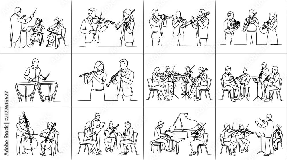 Fototapeta premium Orchestra Musicians Playing Instruments, Conductor Leading, Music Performance Art