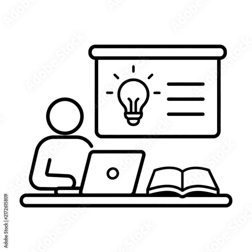 Minimalist outline icon depicting a person engaged in digital learning or professional presentation development with a lightbulb idea symbol