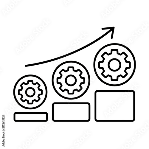 Line Art Graphic Showing Business Growth Chart With Progress Bars And Mechanical Gear Symbols Representing Efficient Workflow Improvement