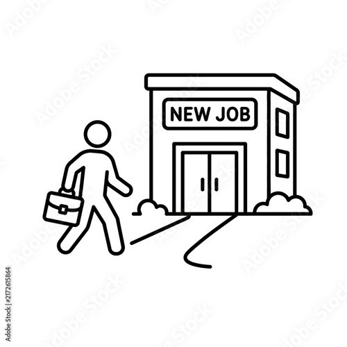 Line art illustration of a person walking to a new job or office building with a briefcase