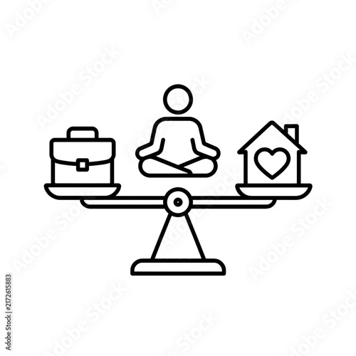 Linear Icon Representing Work Life Balance Harmony with Meditating Person Business Case and Home Heart Symbol