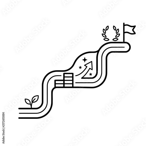 Black and white linear vector illustration of a business growth path with milestones, coins, and a finish flag representing success and achievement