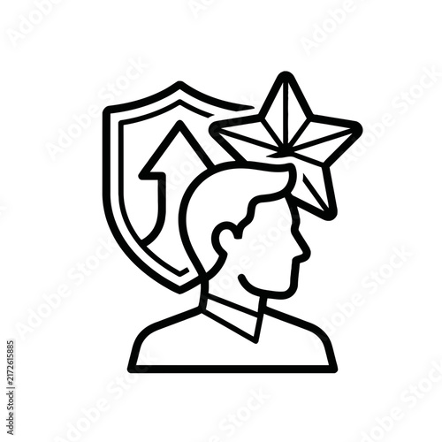 Success and Achievement Icon - Person with Shield, Star, and Upward Arrow Symbolizing Growth and Goals
