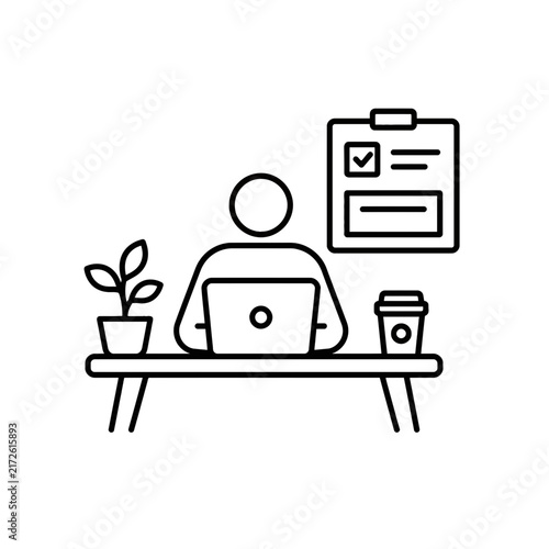 Minimalist Line Icon of a Person Working Remotely at a Desk with Laptop Coffee and Task Checklist