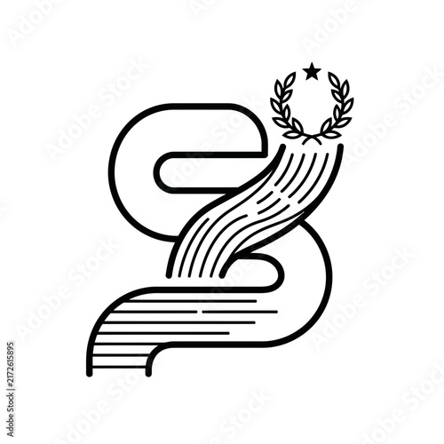 Monogram emblem logo design template featuring flowing lines and a decorative star laurel wreath in black and white