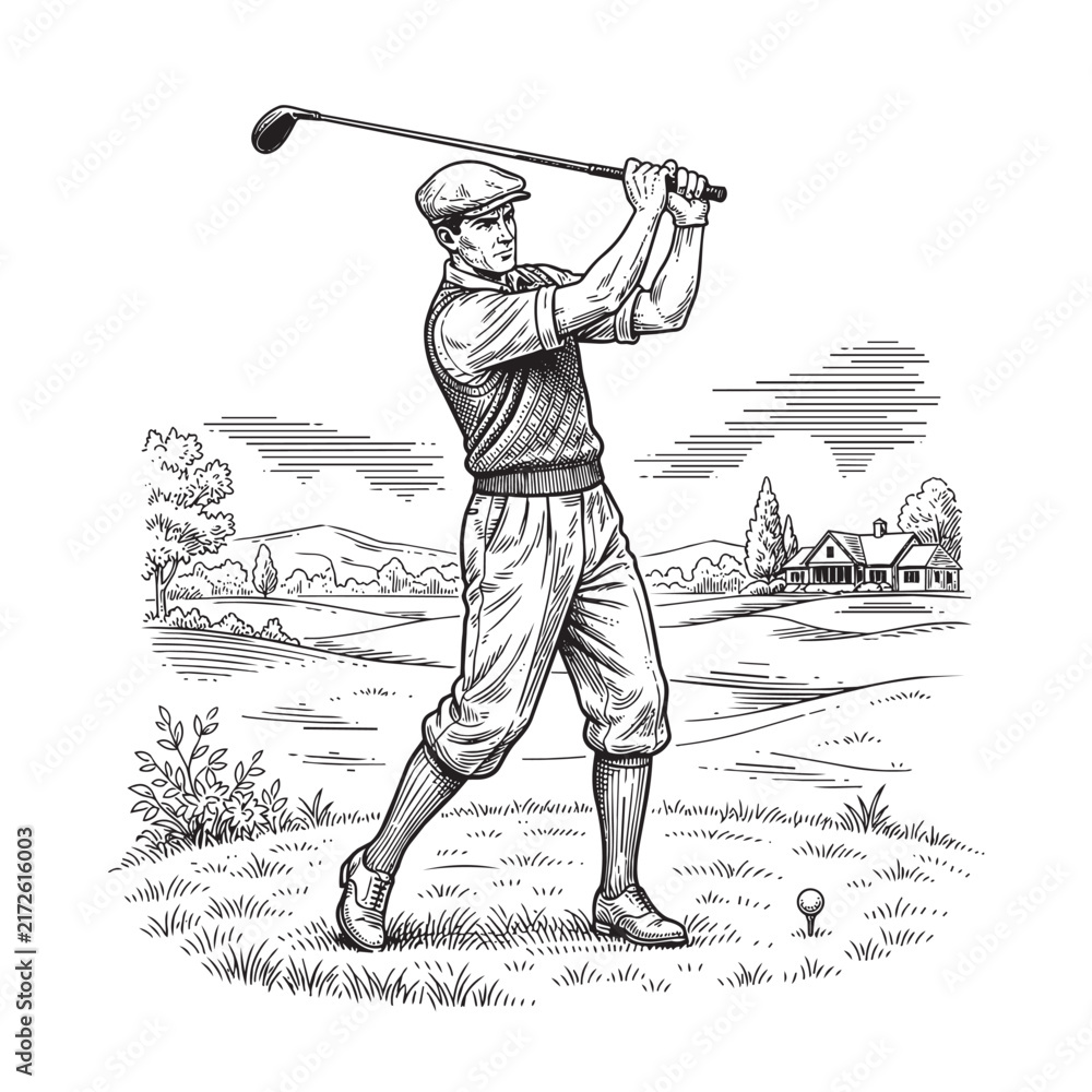 Naklejka premium classic golfer tee off fairway engraving