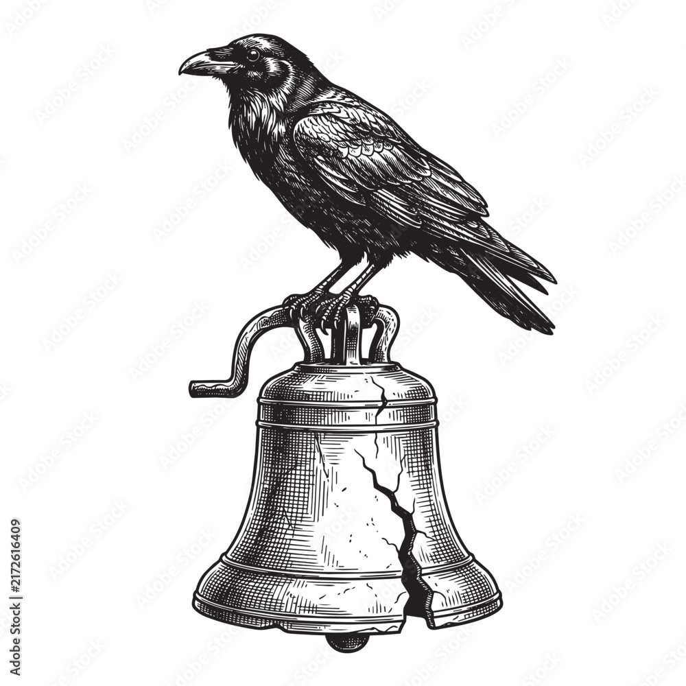 Naklejka premium raven perching cracked bell engraving