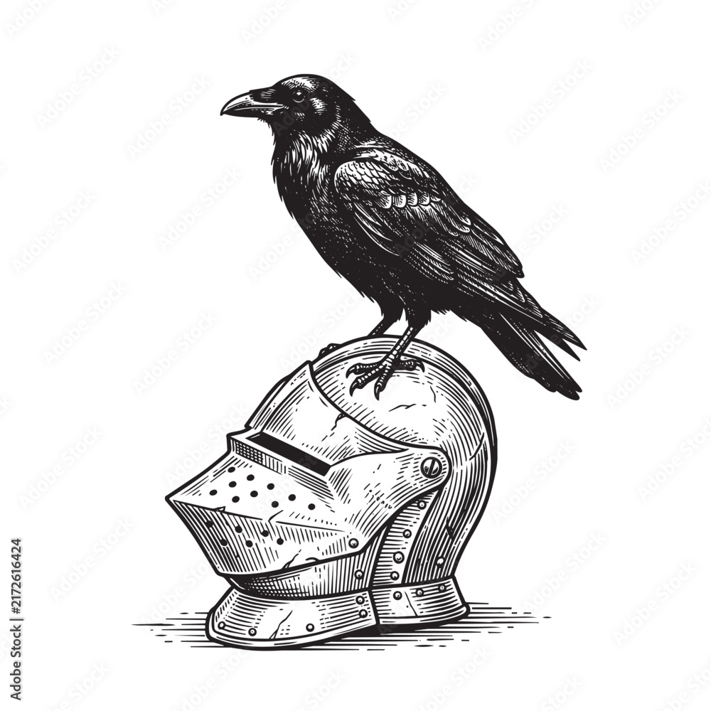 Naklejka premium raven perching knight helmet engraving