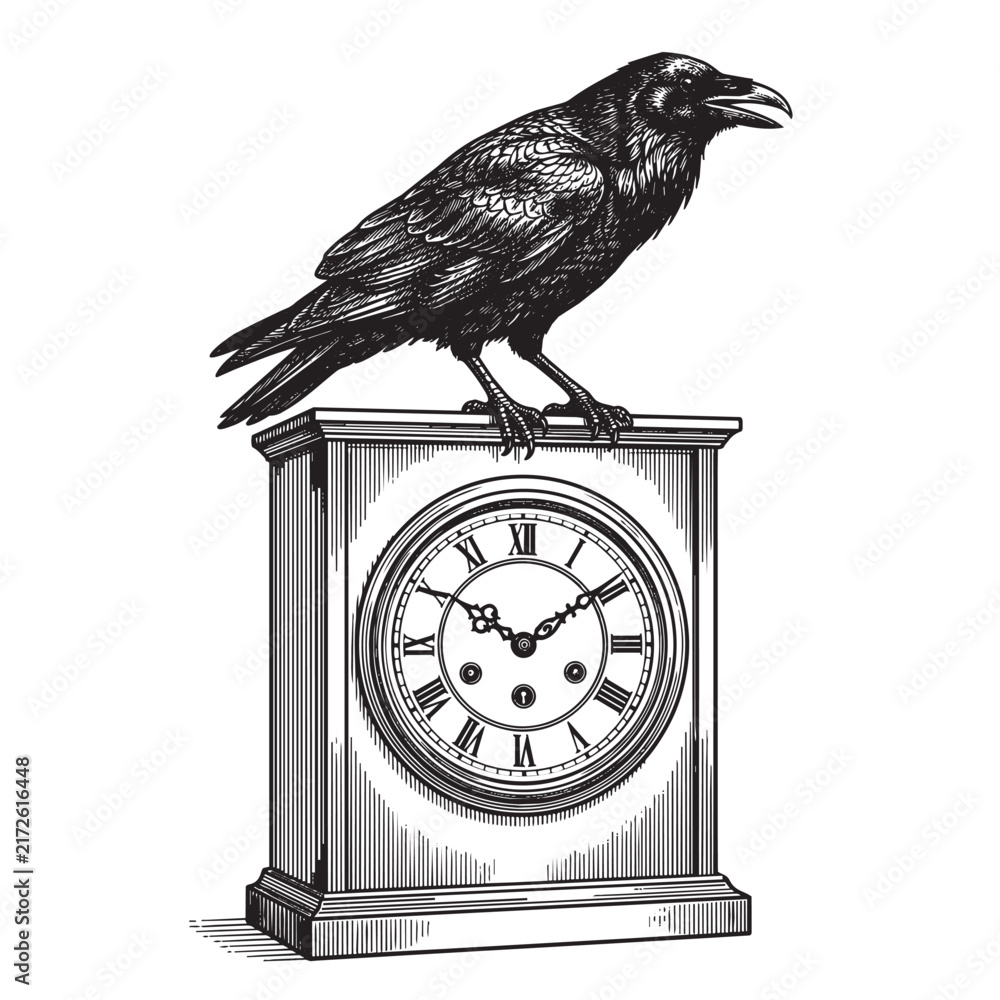 Naklejka premium raven perched vintage mantel clock engraving