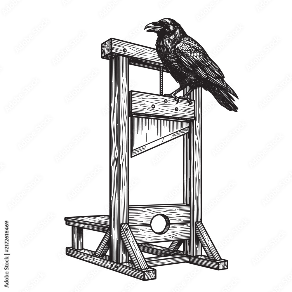 Naklejka premium raven perching guillotine execution engraving