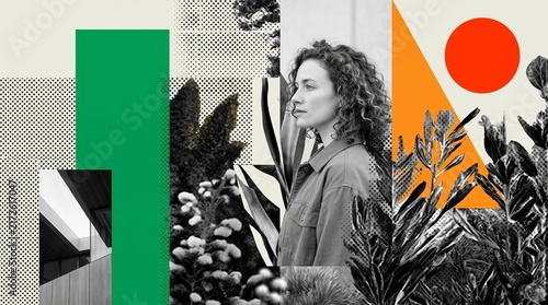 Modern Woman Portrait With Botanical Geometric Collage