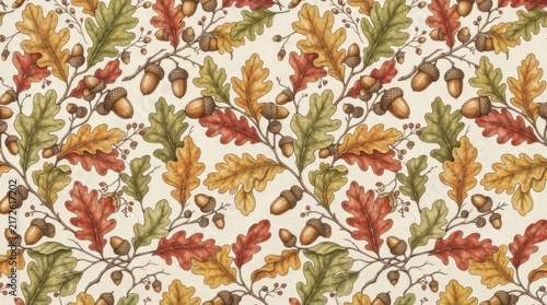 Seamless autumn pattern featuring colorful oak leaves and acorns in watercolor style watercolor background fall foliage seamless